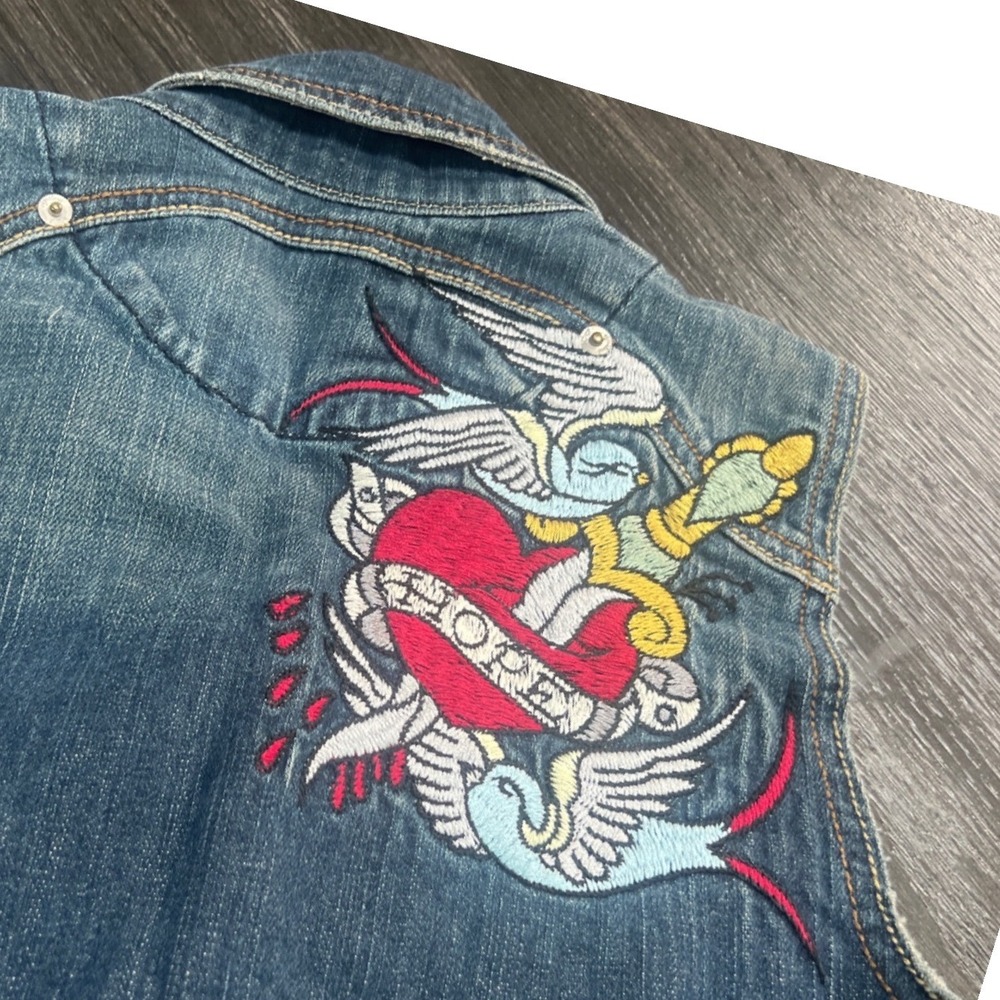 Women's Denim Vest Blue Embroidered Heart Swallow Dagger Cropped Y2K Medium VTG